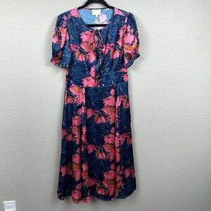NWT Bohme Floral Satin Puff Sleeve Midi Dress Tie Neck Bohemian Sz M